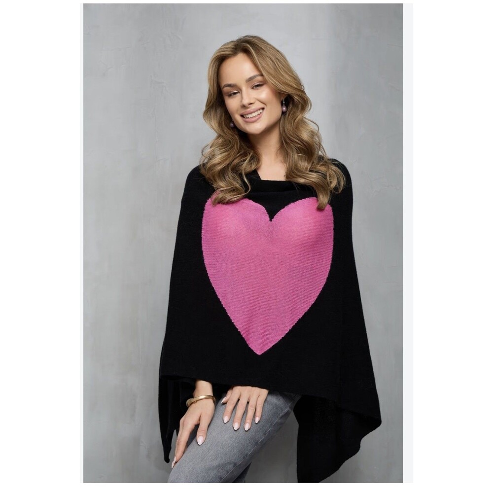 SAACHI Silk Cashmere Poncho Sweater Womens One Size Black Heart Pink Fall Winter